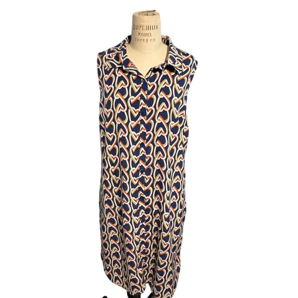 Cabi Womens Navy Heart Print Sleeveless Button Down Shirt Dress Size M Retro Mod